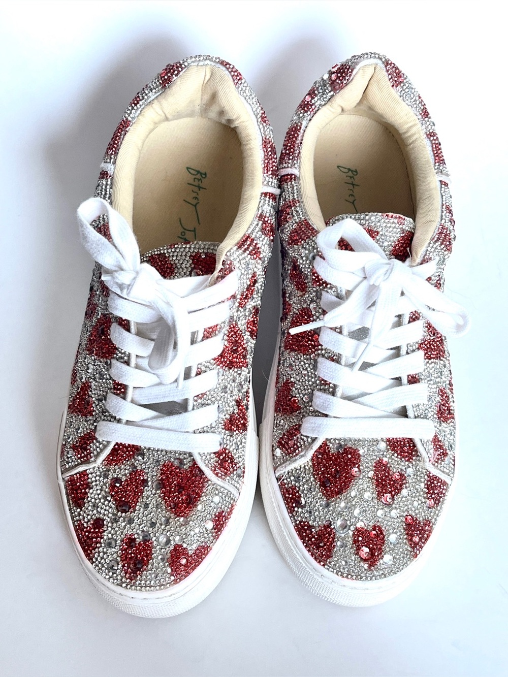 Womens Size 7.5 Betsey Johnson Sutton Rhinestones & Hearts Platform Sneakers